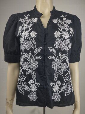 NWT Calypso St. Barth black white floral embroidered V-Neck blouse ladies Small